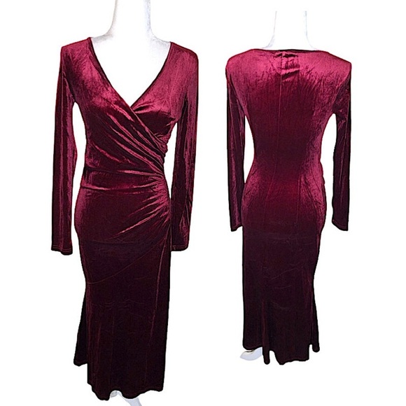 Zaberry Wine Red Velour Velvet Wrap Stretch Mermaid Midi Dress Valentine’s Day - Picture 1 of 14